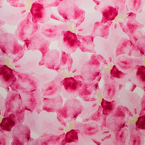 Rekbare polyester wit met roze bloemen